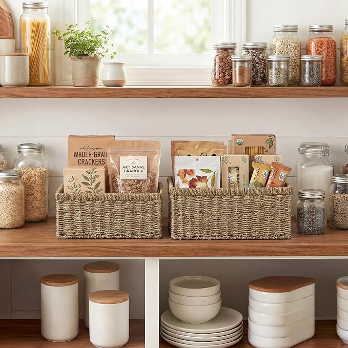 StorageWorks Wicker Storage Baskets, Handwoven Seagrass Basket for Organizing, Decorative Organizers with Built-in Handles, Set of 2