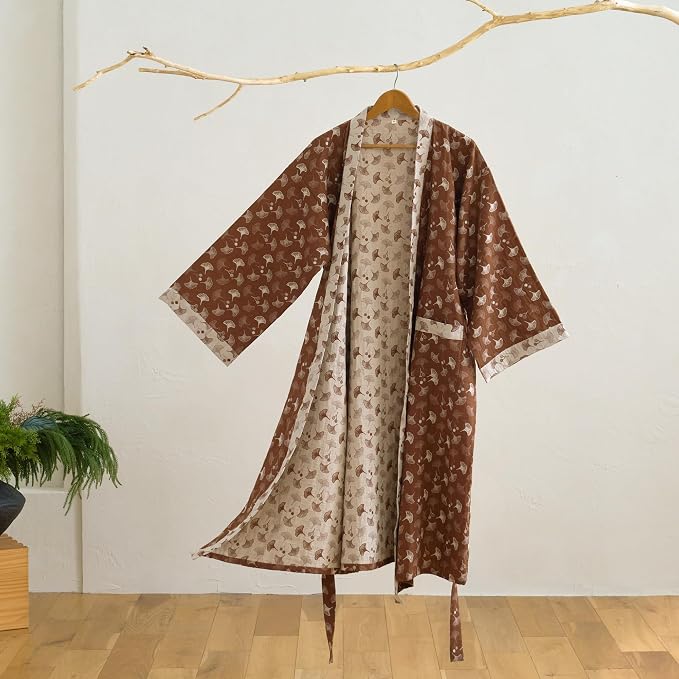 100% Cotton Gauze Ginkgo Leaf Kimono Robe, Long Knit Loose Bathrobe Nightgown Ladies Loungewear Sleepwear for Women