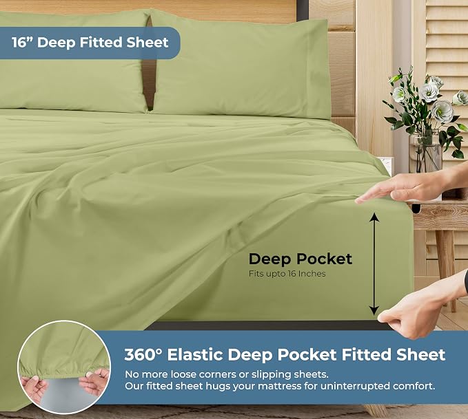 Royale Linens 100% Organic Cotton Queen Sheet Set - Percale Weave - 4 Pieces Set - 1 Flat, 1 Deep Pocket Fitted Sheet and 2 Pillowcases - Sage Green Bed Sheets - Sábanas Queen -Crisp Cool (Sage Green)