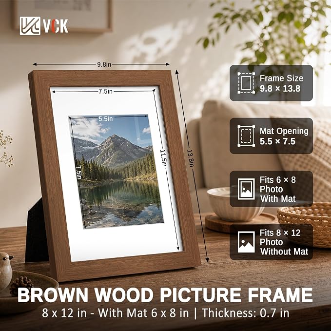 VCK 8x12 Picture Frames Brown - 3 Pack, Wide Border Wood, Tempered Glass, Display 6x8 Photo with Mat or 8 x 12 Without,for Home, Office, Gallery, Woodgrain Series, Tabletop & Wall Hanging
