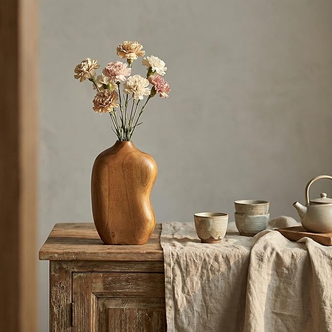 Wooden Decorative Vase, Teak Wood Vase for Home Decor, Farmhouse Boho Table Centerpiece for Living Room Dining Table (No Plants Included)