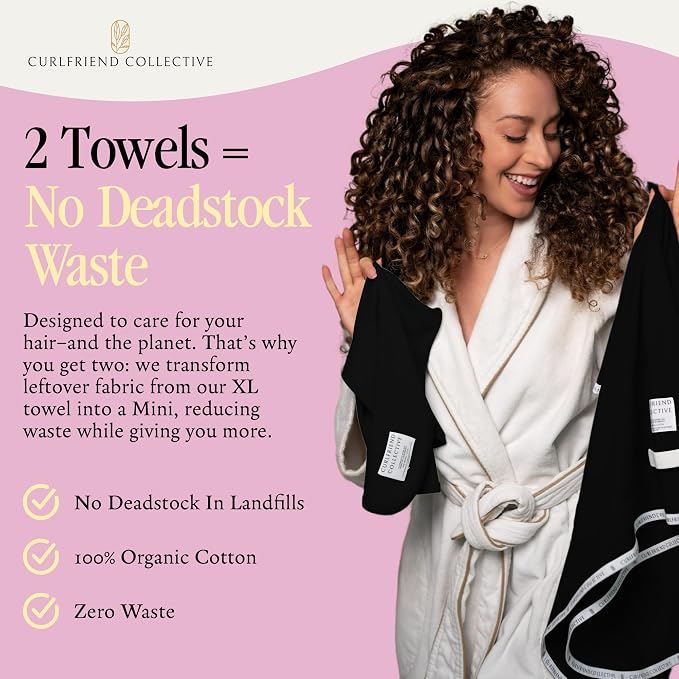 Curlfriend Collective Cotton Cloud T-Shirt Hair Towel Duo – Black to Basics Hair Towel Wrap for Women, XL + Mini Hair Drying Towels for Curly Hair, No-Slip Plopping Towel, Ultra Absorbent Cotton