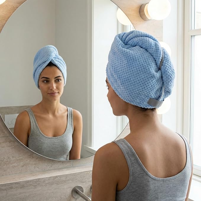 Microfiber Hair Towel wrap for Long Curly Hair Super Absorbent Quick Drying Turban Cap Thick lint Free Lightweight 90g Travel Essential for Women After Shower Anti frizz (Blue, Pink & Gray)
