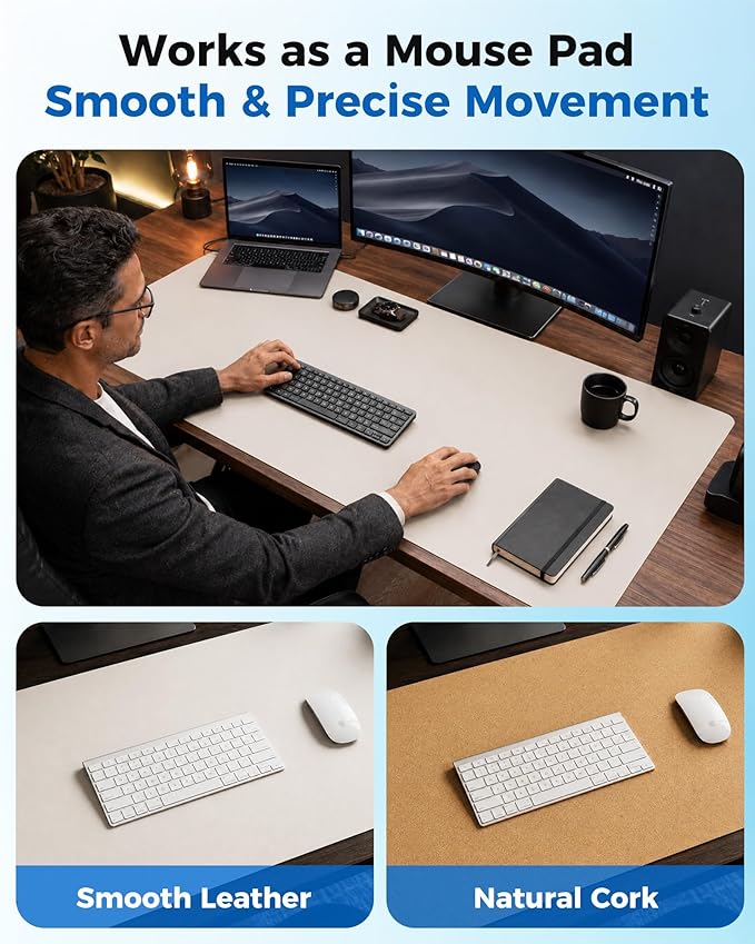 Aothia Cork Desk Mat - Dual-Sided XL PU Leather Desk Pad & Full Desk Protector, Large Waterproof Desktop Mat for Office & Gaming (47" x 23.6", Off-White)
