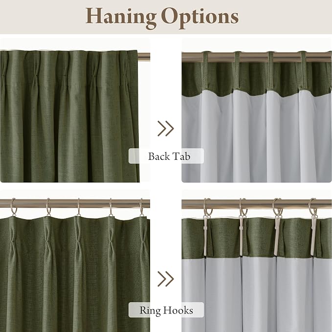 RYB HOME Linen Blackout Curtains 96 inches Long, 100% Blackout Noise Reducing Thermal Insulated Natural Textured Curtains for Farmhouse Dining Room, Olive Green, 40" W x L96 L, 2 Panels Set