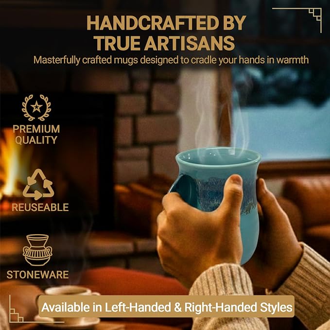 Clay in Motion Hand Warmer Coffee Mug – Handmade Coffee Mug With Comfortable Handle Contoured Pocket Hand Warming Ceramic Coffee Mug – Proudly Made in USA – Left Handed – 14 Oz - Raging Rapid