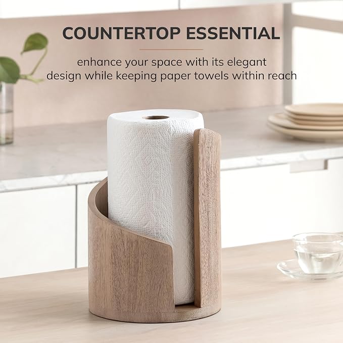 Anji Mountain Wooden Paper Towel Holder with Iron Holder, Holder Stand for Kitchen Roll Organizer & Kitchen Dining Table Home Décor, Countertop Fits Jumbo & Mega Rolls - Biscotti/Nickel, Classic