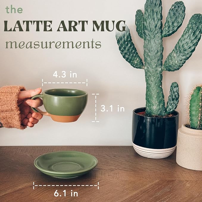 MORA Ceramic Latte Art Mug With Saucer - 10.5 oz, Round Bottom For Perfect Pours - Cafe Cups for Cappuccino, Espresso, Coffee, Tea etc - Porcelain Set for Baristas, Great Gift - Moss Green