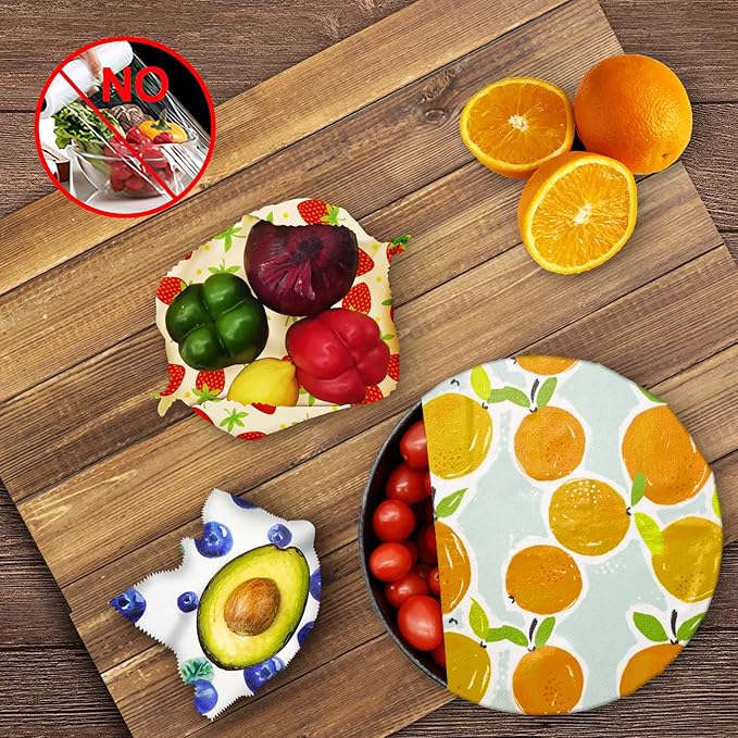 Reusable Beeswax Wrap - 9 Pack, Beeswax Wraps for Food, Eco-Friendly Beeswax Food Wrap, Organic, Sustainable, Biodegradable, Zero Waste, Plastic-Free Food Storage (Orange | Strawberry | Blueberry)