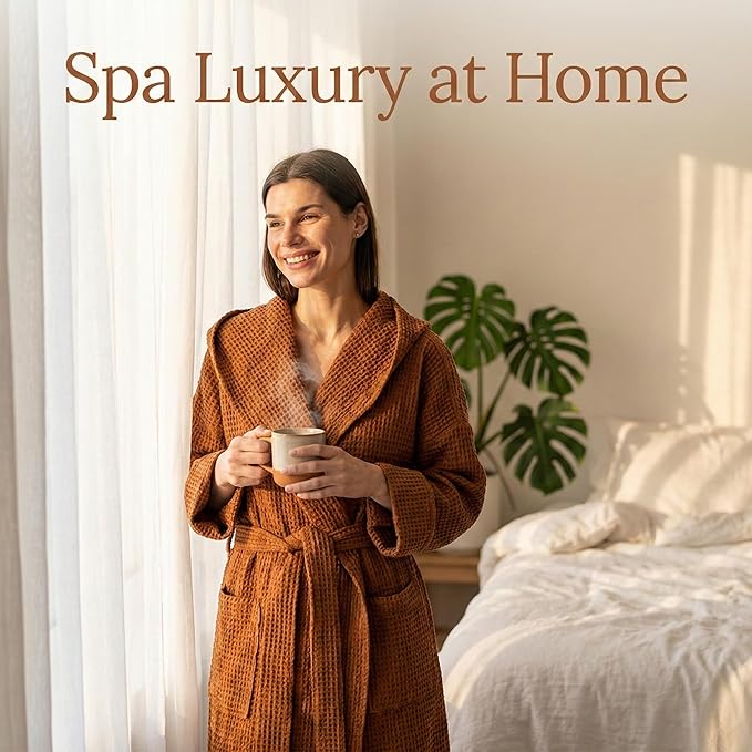 Magic Linen - Unisex Waffle Bathrobe, Hooded Linen-cotton Blend Bath Robe, Lightweight Robe for Women and Men