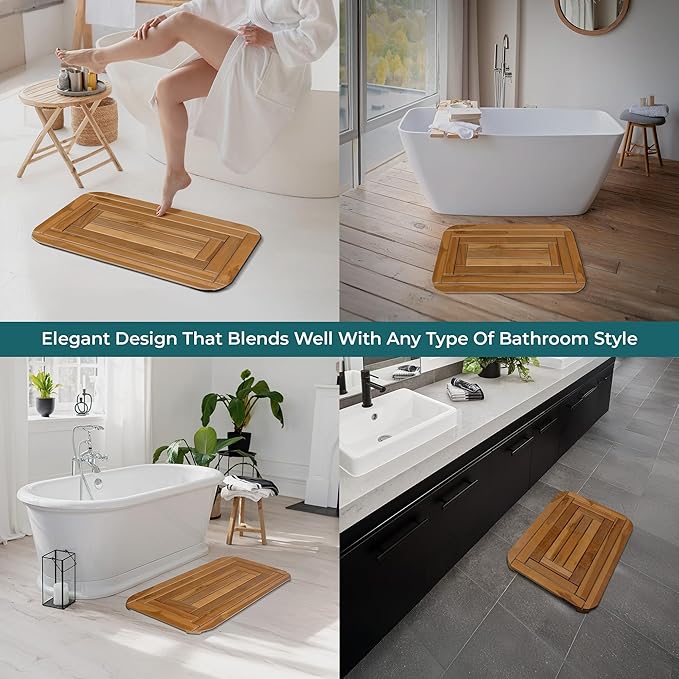 Wooden Bathroom Mat 30x20 in, Teak Shower Mat with Non-Slip Slats, Water Resistant Spa Sauna Shower Floor, Handcrafted in Java