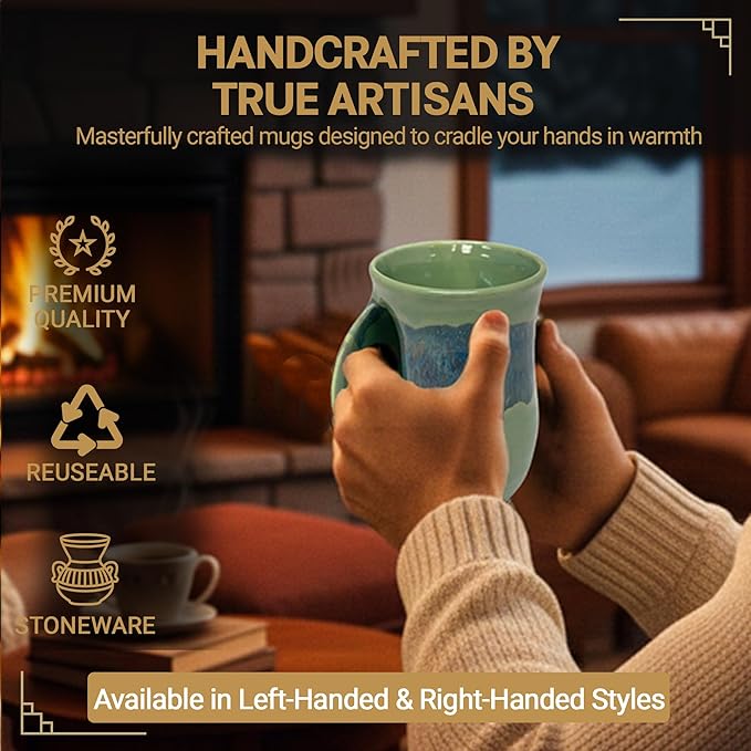 Clay in Motion Hand Warmer Coffee Mug – Handmade Coffee Mug With Comfortable Handle Contoured Pocket Hand Warming Ceramic Coffee Mug – Proudly Made in USA – Left Handed – 14 Oz - Misty Green
