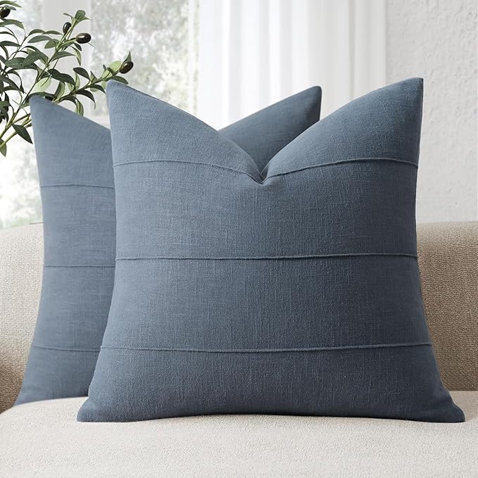 ZWJD Decorative Linen Throw Pillow Covers 20x20 Set of 2 Solid Handcrafted Striped Cushion Covers for Bed Soft Modern Farmhouse Neutral Pillowcase for Couch Bedroom Living Room Home Decor(Slate Blue)