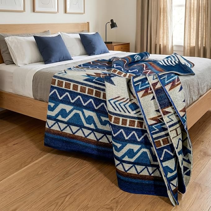 Alpaca Wool Throw Blanket,Queen Size Native Design Wool Blanket, Throw Aztec Pattern Alpaca Wool Throw Blanket (Blue, Queen 93" x 82")