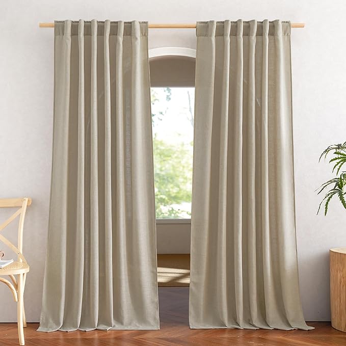 NICETOWN Taupe Curtains 84 inch Length 2 Panels Set, Rod Pocket & Back Tab Natural Linen Burlap Semi Sheer Window Treatments Privacy with Light Filtering for Bedroom/Living Room, W52 x L84