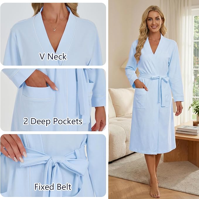 U2SKIIN Womens Organic Cotton Robe, Lightweight Long Kimono Bathrobe for Women, Soft Spa Lounge Sleepwear with Pockets