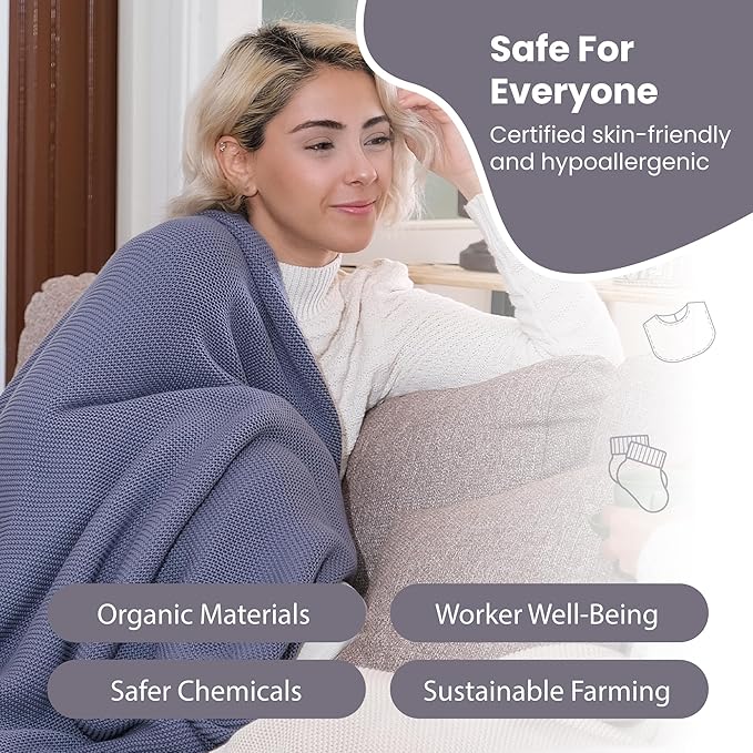 Dalisa 100% Organic Turkish Cotton Throw Blanket - GOTS Certified, Cozy - Perfect for Couch, Bed, and Home Decor - Boho Vintage Knit Alina (Grey Blue, 50x60)