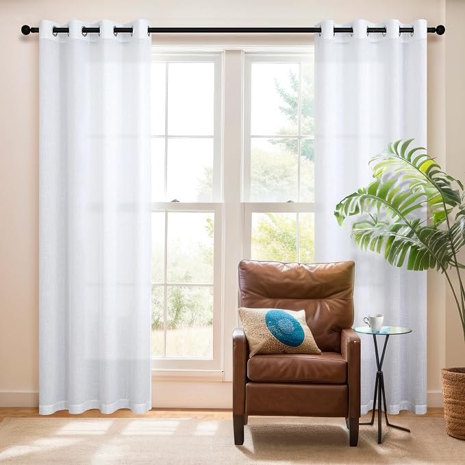 96 Inch Curtains 2 Panels Set for Bedroom Closet Door Grommet Semi Sheer Privacy Light Filtering Farmhouse Linen Floor Length Curtains & Drapes for Living Room Window 8 Foot Long Sliding Glass White