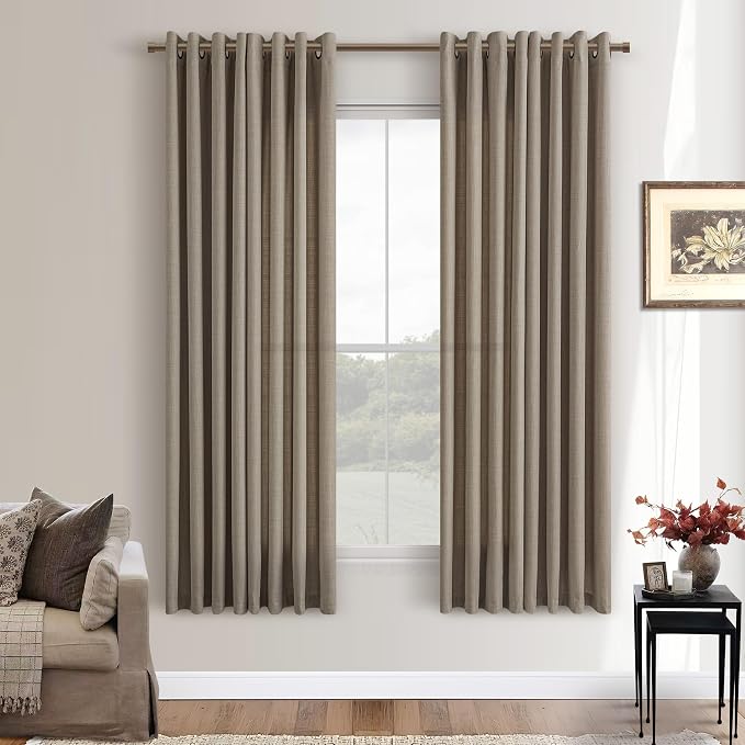 Neutral Flax Linen Curtains 63 Inch Length Bronze Grommet Tan Brown Semi Sheer Light Filtering Privacy Drapes Boho Farmhouse Rustic Bay Window 63 Inch Curtains 2 Panel Set for Bedroom Dining Room