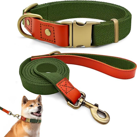 Dog Collar and Leash Set with Metal Quick Release Buckle, Adjustable, Breathable Nylon, Durable, Soft and Comfortable, No Pull for Walking and Training, Green, L (14.9"-22.8")