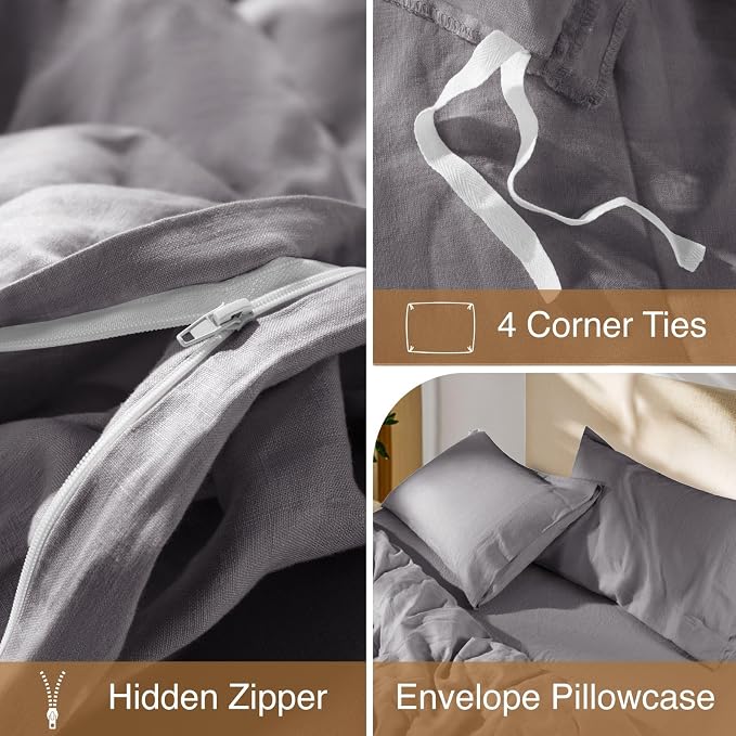 SONORO KATE 100% French Linen Duvet Cover Full Size, Soft Breathable for Hot Sleepers, Moisture Wicking & Durable Cover Set - Zipper Closure & 4 Corner Ties Duvet Covers 3 Piece (Dark Grey,Full)