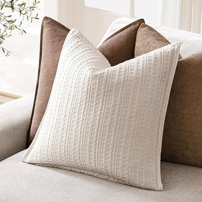 Foindtower Set of 2 Decorative Cotton Waffle Weave Throw Pillow Covers Euro Shams Cushion Covers Accent European Pillowcase for Bed Couch Sofa Bedroom Living Room Home Decor 26×26 Inch Natural Ivory