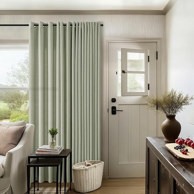 Sage Green 86 Inch Curtains for Bedroom Living Room 2 Panels Set, Bronze Grommet Privacy Light Filtering Semi Sheer Linen Drapes Light Green Bohemian Farmhouse Bay Window Curtains 86 Inches Long