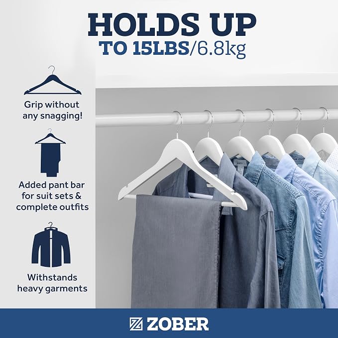 ZOBER White Wooden Hangers - Heavy Duty, Non Slip Wood Hangers for Coats, Jackets, Suits, & Pants - Coat Hangers for Closet W/Bar and Notches 20 Pack (White, 20 Pack)