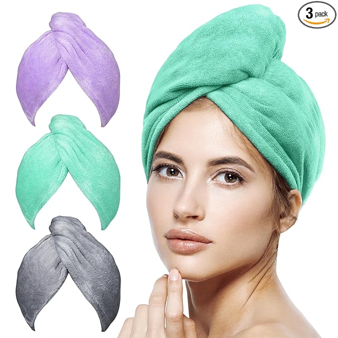 POPCHOSE Microfiber Hair Towel Wrap, Stocking Stuffers for Women, 3 Packs Fast Drying Hair Turbans, Super Absorbent Hair Towel for Women, Anti Frizz Hair Wrap Towels Wet, Curly, Longer, Thicker Hair