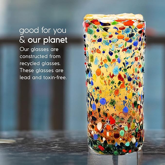 Confetti Rocks 20 oz Tall Iced Tea Glasses (set of 6) | Hand Blown Drinking Glasses, Multicolor Mexican Glassware Tumblers for Water, Juice, Margaritas & Cocktails | Lead-free, Toxin-Free