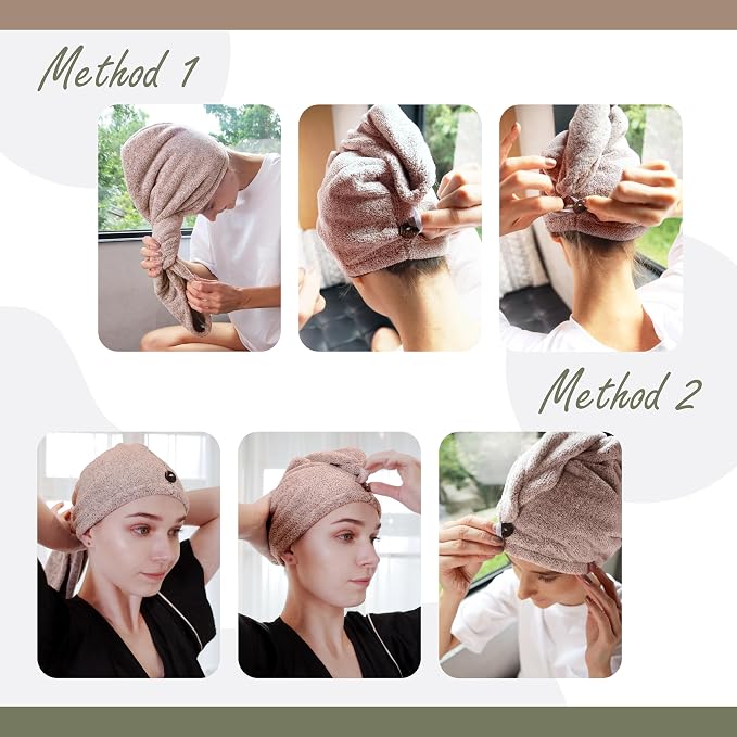 myHomeBody Hair Towel Wrap, Quick Drying Turban, Absorbent Cap – Pink | Hair Turban Towel for wet hair, Ultra Soft Charcoal Fiber Cap, Towel Head Wrap for bathing with Coconut Shell Button