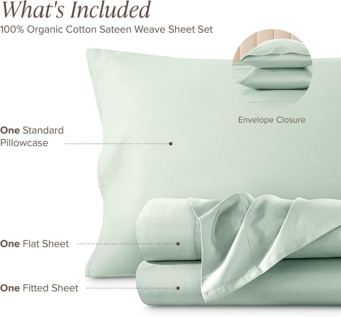 Bare Home 100% Organic Cotton Twin Extra Long Sheet Set - 400 Thread Count - Smooth Sateen Weave - Breathable & Cooling - Hotel Luxury Set - Deep Pocket Bed Sheets (Twin XL, Willow)