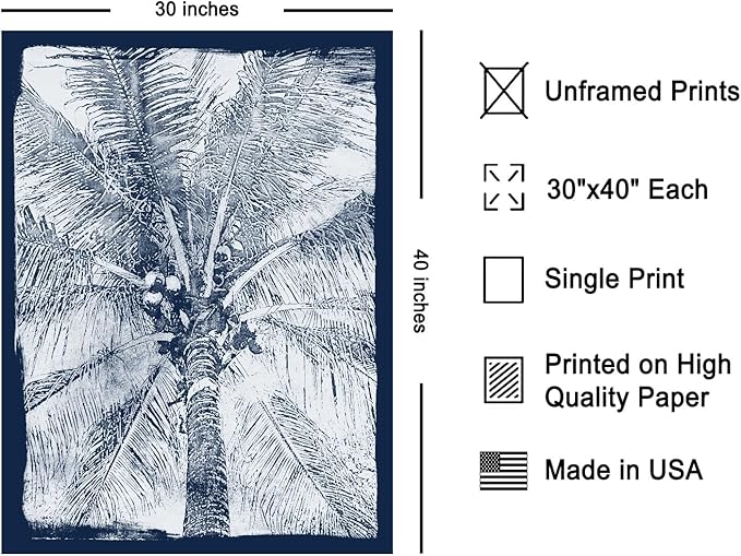 Monem Art Coastal Palm Tree Cyanotype Print - Blue and White Tropical Botanical Art Poster - Wall Decor for Beach House, Bedroom or Living Room - 30x40 Unframed Wall Art by Renee Stramel