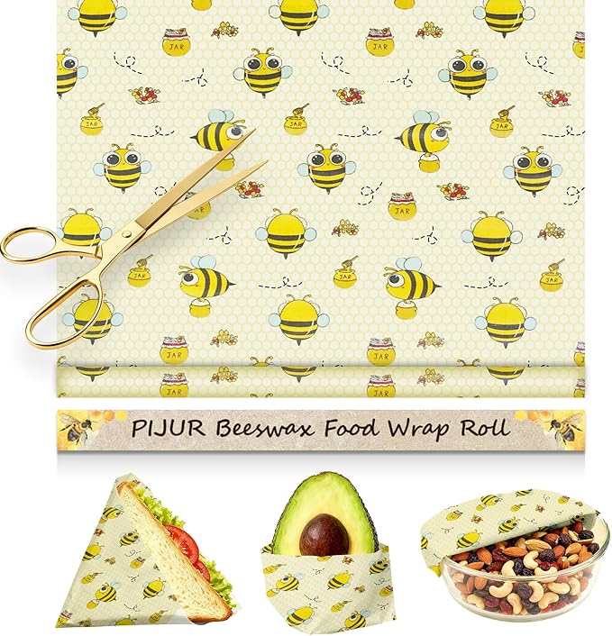 Reusable Beeswax Wraps For Foods, Cheese, Sandwich & Bread- 13 x 39'' Cut to Size - Eco-Friendly Food Storage Alternative to Plastic Wrap & Cheese Paper (Bee Pattern001, 13x39'')