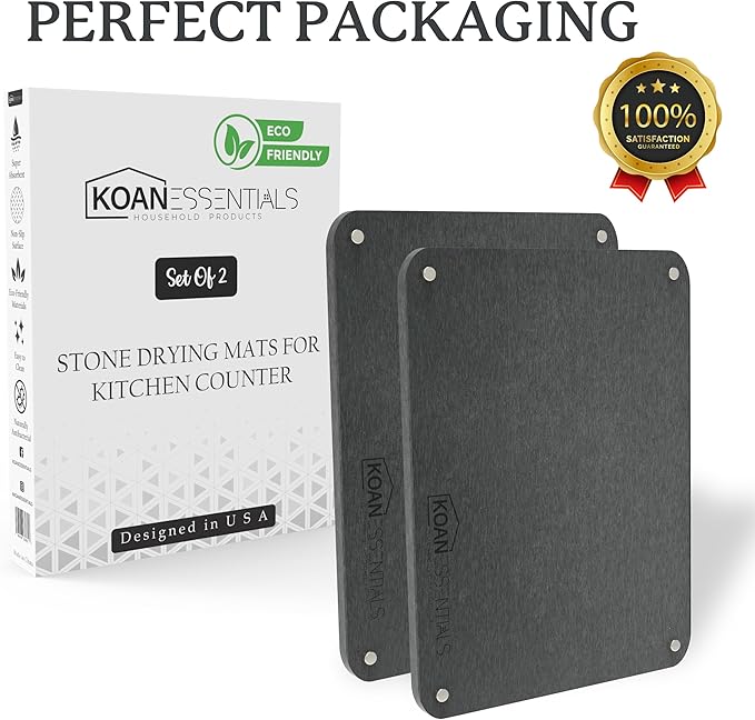 KOANEssentials Stone Dish Drying Mats for Kitchen Counter, Heat Resistant, Fast Dry, Super Absorbent Dish Drying Mats, Eco-Friendly Diatomaceous Earth Mat, Sand Tools included (16x12 Inch,Grey) 2 Pack