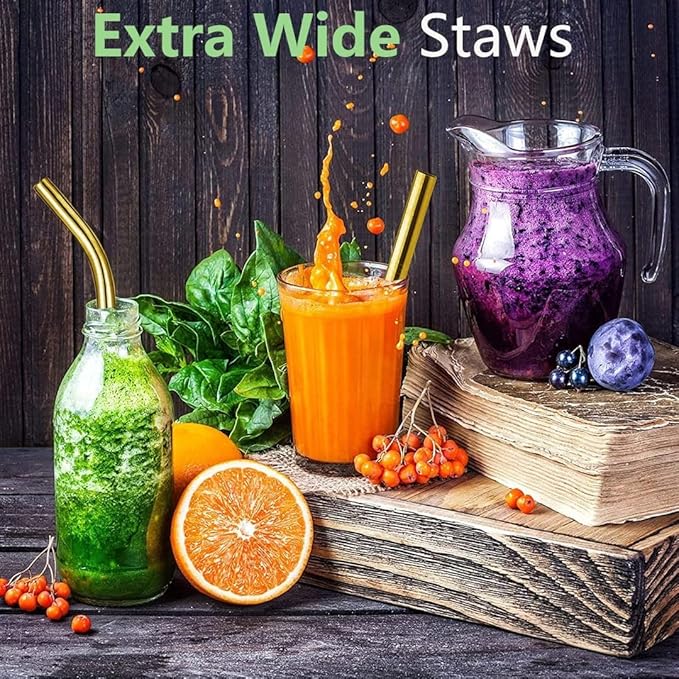 Vinaco 8.5" and 10.5" Big Smoothie & Milkshake Straws, 4 Pack Food-Grade Stainless Steel 0.4" Wide Mouth for Thick Drinks, Gold Metal Reusable