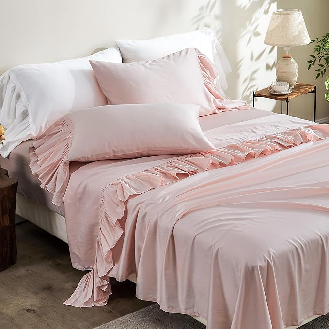Simple&Opulence 100% Organic Cotton Sheet Set, Long Ruffle Bed Sheets (1 Flat Sheet, 1 Fitted Sheet and 2 Pillowcases) Elegant Shabby Chic Bedding Farmhouse Charming Vintage - Pink, Full
