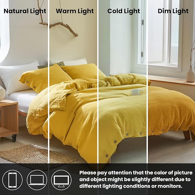 Simple&Opulence 100% Linen Duvet Cover Set 3pcs with Coconut Button Closure Natural French Washed Flax Solid Color Soft Breathable Farmhouse Bedding - Mustard Yellow, Full Size