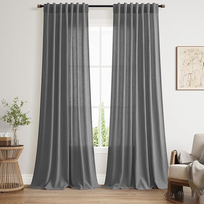 Blazer Grey Linen Curtains 90 Inch Long 2 Panels Set for Bedroom Living Room, Soft Linen Textured Window Drapes Semi Sheer Light Filtering Rod Pocket Back Tab Morden Simple Style 52x90