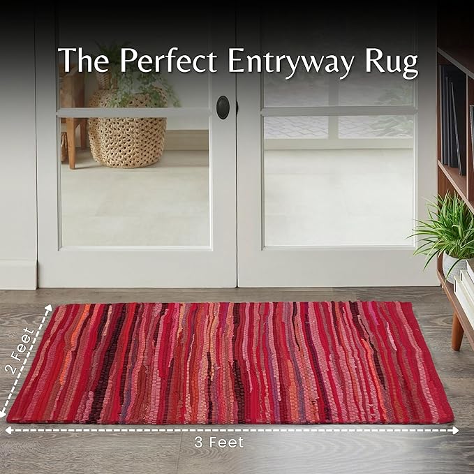 Ramanta Home 100% Cotton Hand Woven Chindi Rag Rug 2'x3' - Red, Recycled Reversible Rug, Boho Rustic Farmhouse Rugs for Living Room, Kitchen, Dinning Room Entryway Floor Mat - 24"x36"