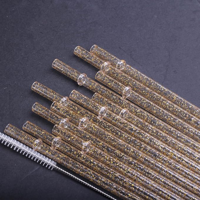 Dakoufish 12 Piece 11 Inch Reusable Straws Gold Glitter Plastic Drinking Straw Plus one Cleaning Brush (11 Inch,Clear Gold Glitter)
