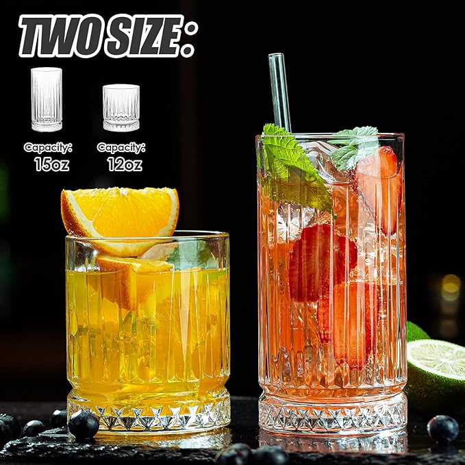 Crystal Drinking Glasses, Set of 8 Durable Glass Cups-4 Highball Glasses 15oz & 4 Rocks Glasses 12oz, Mojito Cups, Cocktail Glass, Bar Glassware Set for Cocktail, Beer, Whiskey