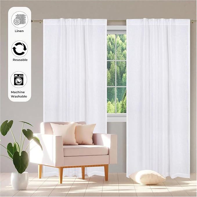 Bedding Craft White Cotton Tab Top Curtain Panels for Bathroom Window, 50x84 inch – Modern Farmhouse Style, Light Filtering, Machine Washable – Ideal for Thanksgiving, Christmas & Everyday Decor