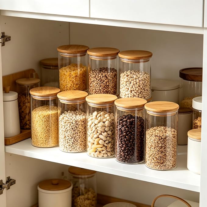 6Pack Glass Food Storage Containers with lids (1.5QT/0.8QT) | Glass Containers with Bamboo Lids for Overnight Oats, Coffee, Spices, Candies, Flour