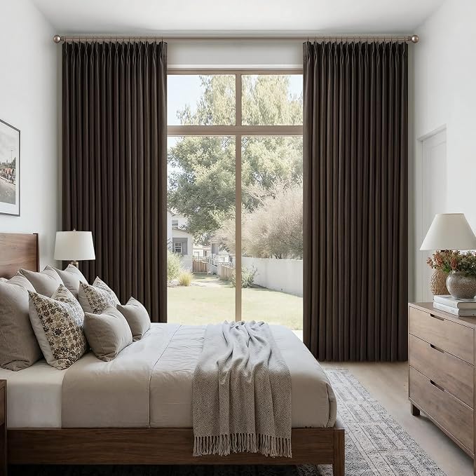 Dark Chocolate 86 Inch Pinch Pleated Linen Curtains 2 Panels Set for Living Room Bedroom Boho Farmhouse Light Filtering Semi Sheer Back Tab Pinch Pleat Hooks Rings Window Curtain 86 Inches Long