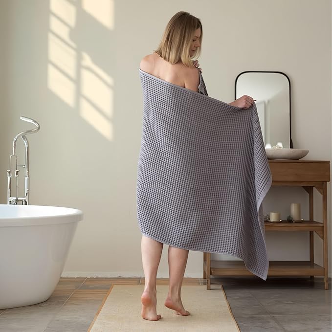 Premium Waffle Bath Towels Pack of 2 Extra Large 35x71 inch - 100% Turkish Cotton, Waffle Weave, Quick Dry, Lint Free, Oversized, Thin Bath Sheet Towel (Gray, Set of 2 Bath Towels)