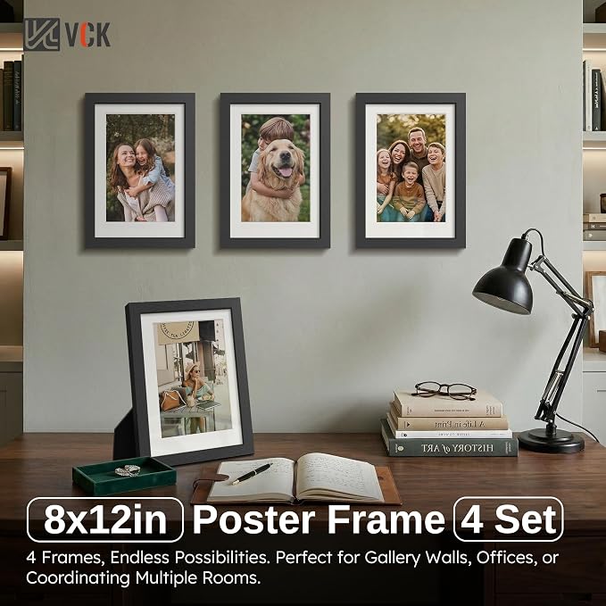 VCK 8x12 Picture Frame Black - 4 Pack, Gallery-Quality Wood Poster Frames, 1.1-Inch Wide Border, Polished Plexiglass, Vertical or Horizontal Wall & Tabletop