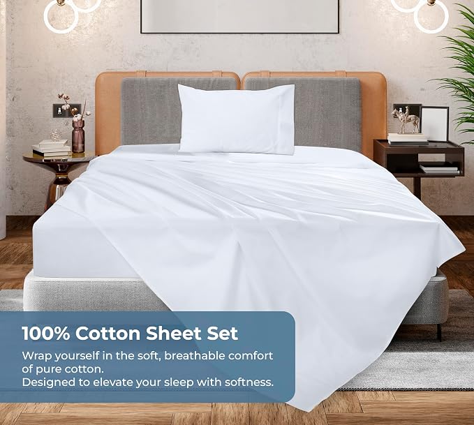 ROYALE LINENS 100% Organic Cotton Twin Sheet Set - Percale Weave - 3 Pieces Set - 1 Flat, 1 Deep Pocket Fitted Sheet and 1 Pillowcases - White Bed Sheets - Sábanas Twin - Crisp Cool (White)