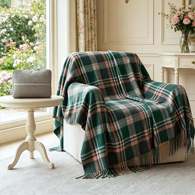 Soft 100% Wool Throw Blanket, Lightweight Warmth, 55"x83", Compact with Bag, Fringe, Plaid, Useful Gift for Women Men, Spring Summer Cozy Travel Blanket for Couch, Airplane, Car, Outdoors
