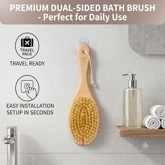 Short-Handle Dual-Sided Bath Massage Brush, Soft Boar & Firm Sisal Bristles, Portable (Natural Beech Wood)